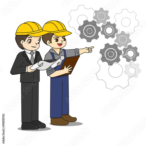 Professional engineer discuss about blueprint paper with foreman