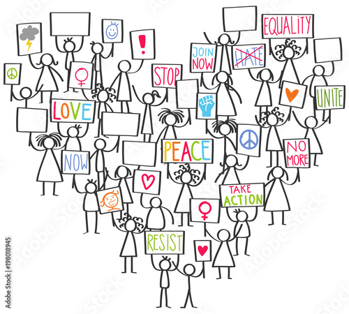 Vector illustration of stick figures protesting for peace and equality, holding up signs standing in shape of heart isolated on white background