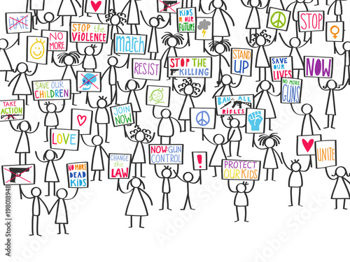 Vector illustration of stick figures pro gun control, protesting gun violence, holding up signs isolated on white background
