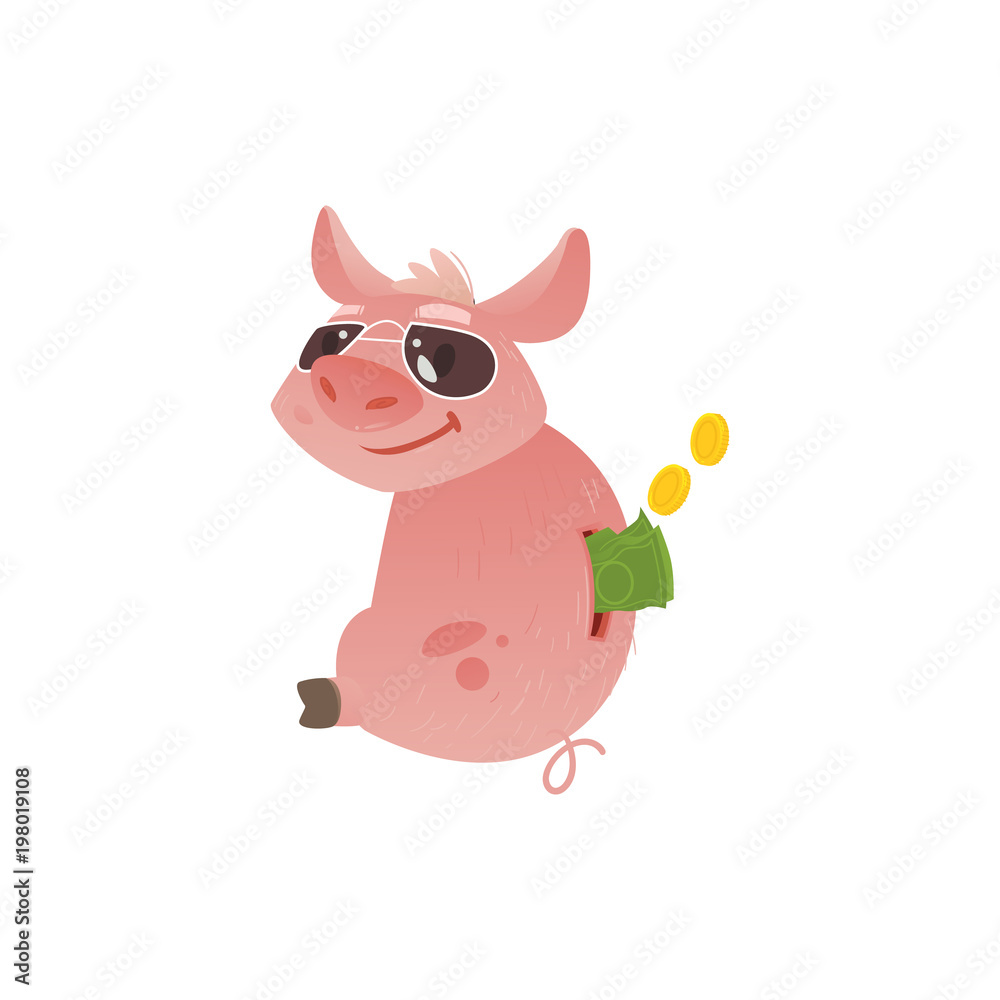 Cartoon piggy bank in sunglasses icon. Cheerful pig money box full of savings with happy facial expression. Business finance, banking rich and weath concept. Vector isolated background illustration