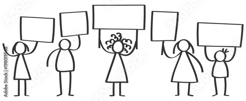 Vector group of protesting stick figures, men and women standing and holding up blank boards isolated on white background