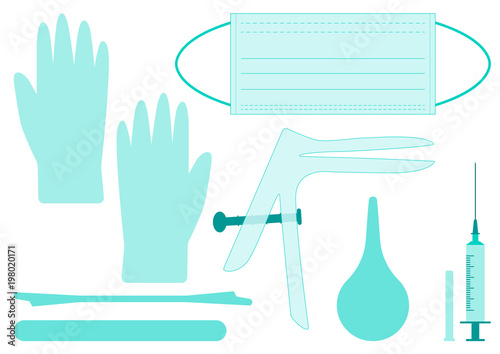 A set of medical tools. A vaginal speculum, syringe, medicine gloves, spatula and clyster. The medical tools for holding open the vagina during medical investigation. Feminine woman health diagnosis