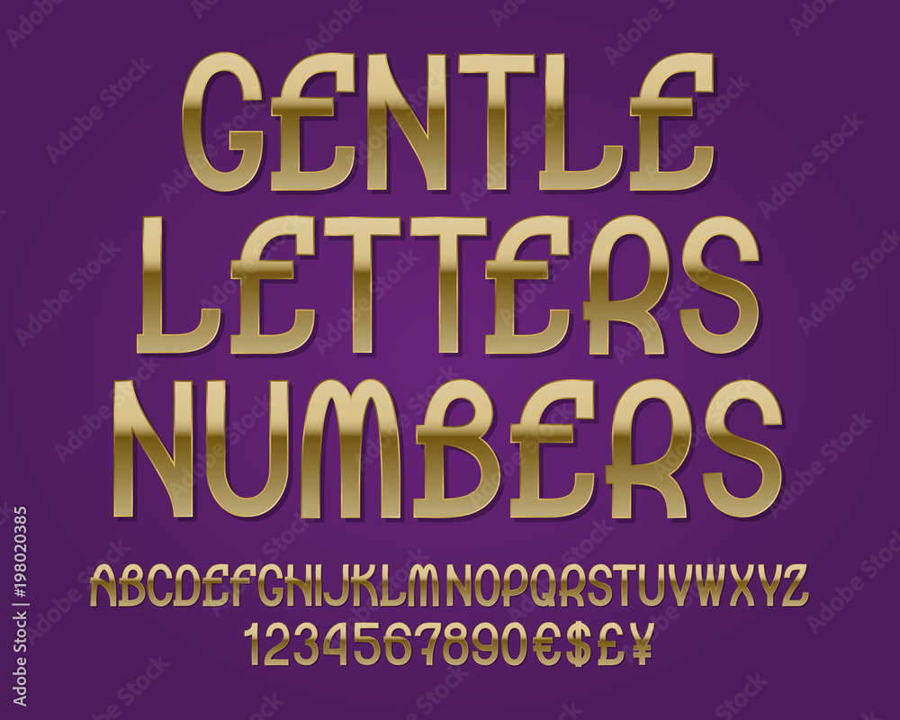 Gentle letters and numbers with currency signs. Golden font. Isolated english alphabet.