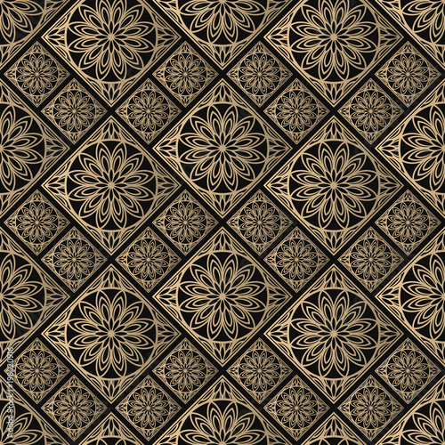 Seamless pattern oriental ornament. Black and golden textile print. Islamic vector design. Floral tiles.