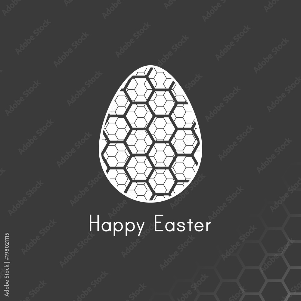 Futuristic and modern easter egg design with happy easter text and geometric honeycomb pattern. Minimal design for happy easter egg or holiday cards and illustrations in white and grey dark. Futuristic and modern easter egg design with happy easter text and geometric honeycomb pattern. Minimal design for happy easter egg or holiday cards and illustrations in white and grey dark.