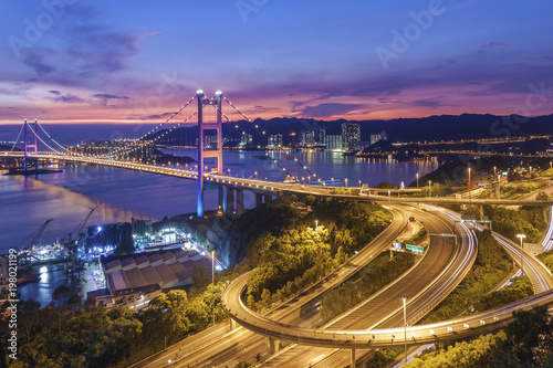 Tsing Ma Bridge in Hong Kong city at dusk