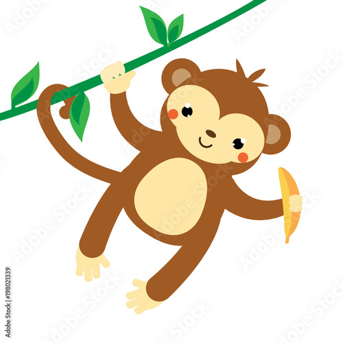 Cute monkey. Cartoon marmoset hanging on liana  holding banana. African animal. Kawaii style
