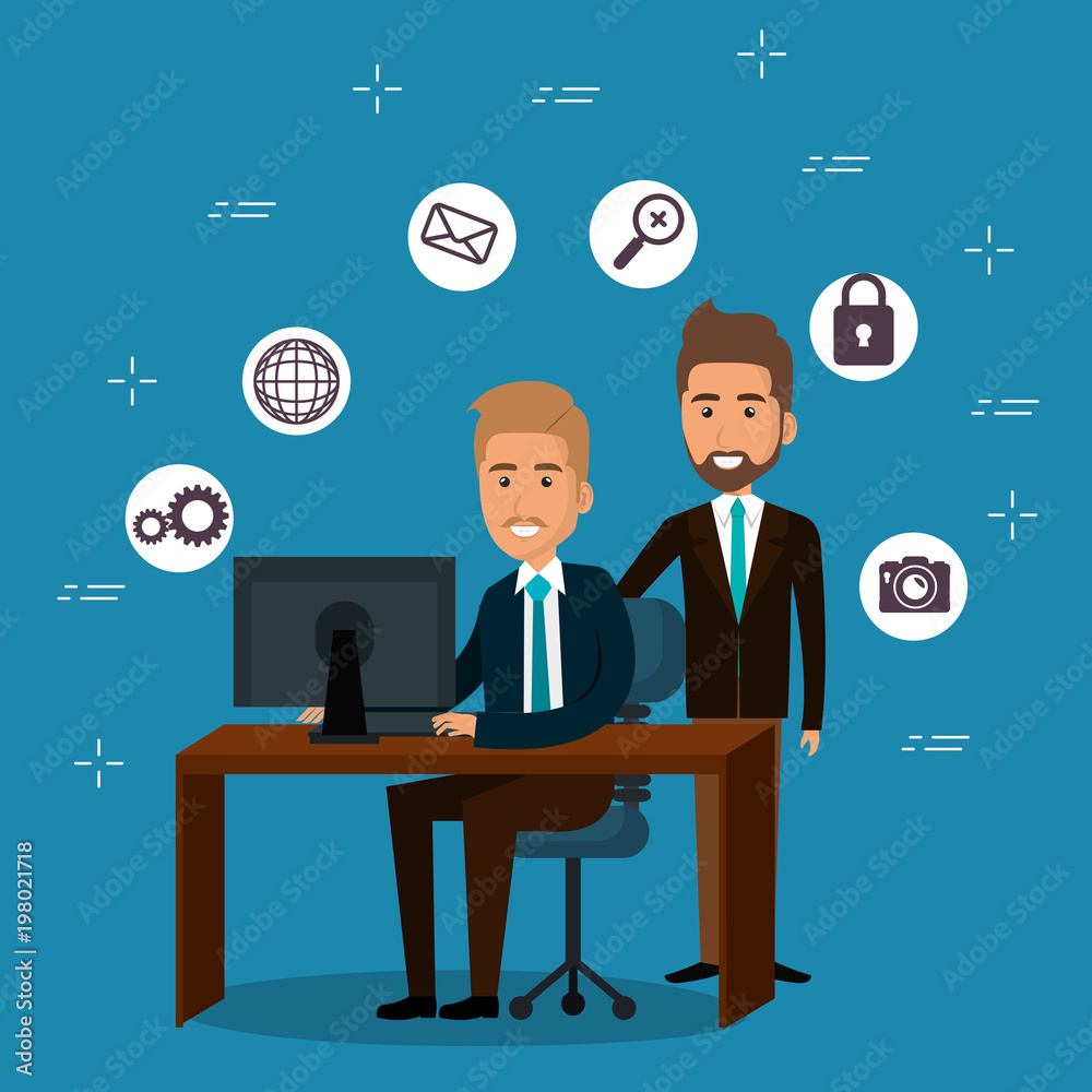 businesspeople in the office with e-mail marketing icons