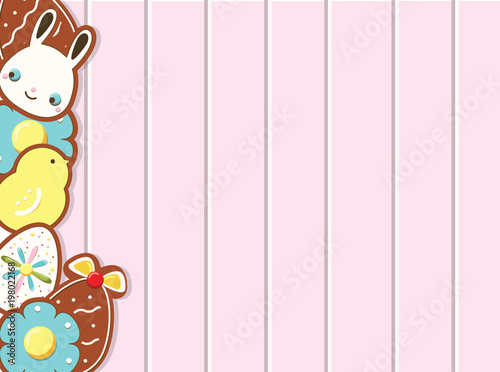 Easter background with cookies on pink wooden desk. Top view. Vector illustration