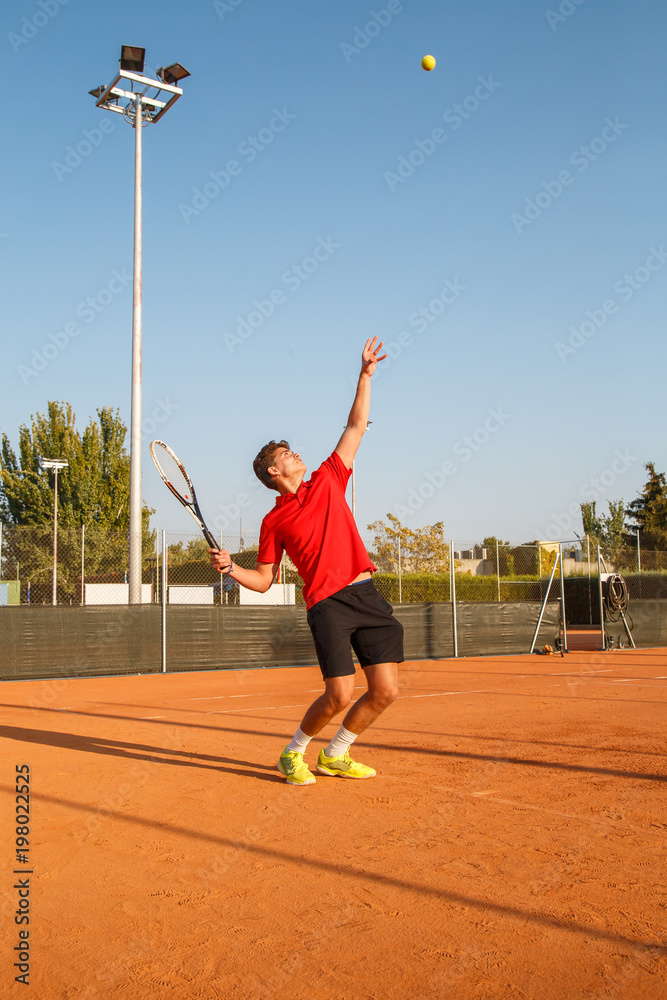 Professional tennis player man playing on court in afternoon. 