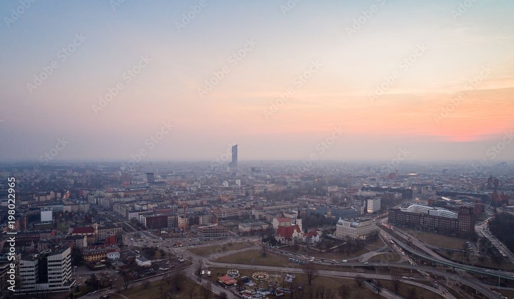 Aerial evening drone view on Wroclaw.