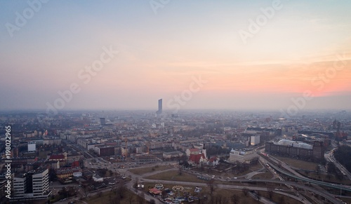 Aerial evening drone view on Wroclaw.