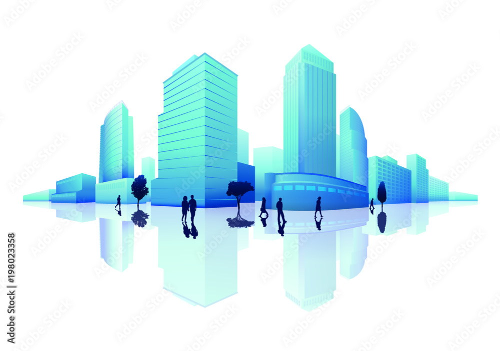 A blue city with modern architecture, skyscrapers and business people A blue city with modern architecture, skyscrapers and business people