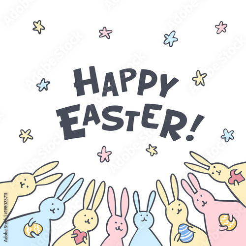 Funny bunny Easter Greeting card with white Easter rabbits. Illustration of c...