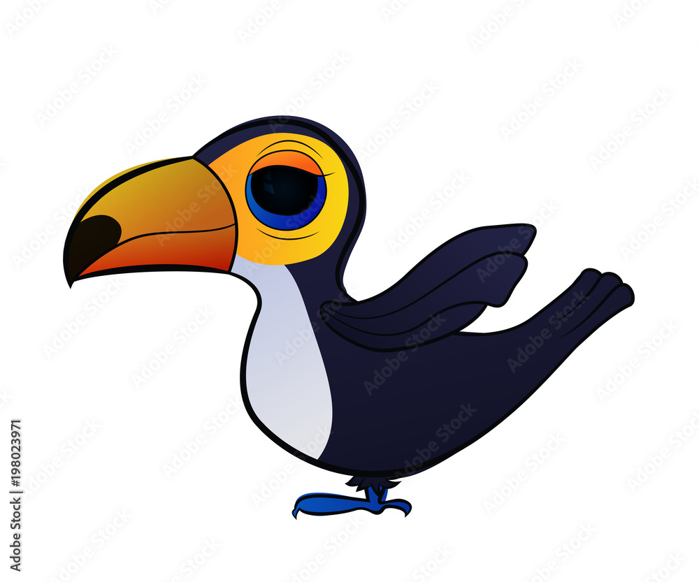 Obraz premium Cartoon bird Toucan. Bright vector illustration. Cute tropical animals.