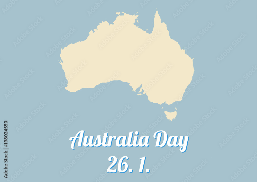 Simple poster for Australia day - celebrated 26th January every year, with map of Australia in pastel colors of blue and tan