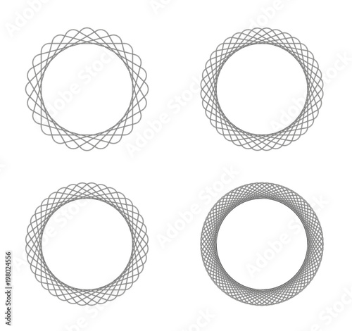 Collection of 4 black line spirograph abstract elements - 4 different geometric ornaments flower like, symmetry, isolated on white; colored with black to white to black color transition