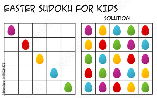 Sudoku for kids with solution, puzzle for children to complete each row or column with just one of each shapes, mental task, logical but easy challenge, seasonal Easter theme with colorful eggs