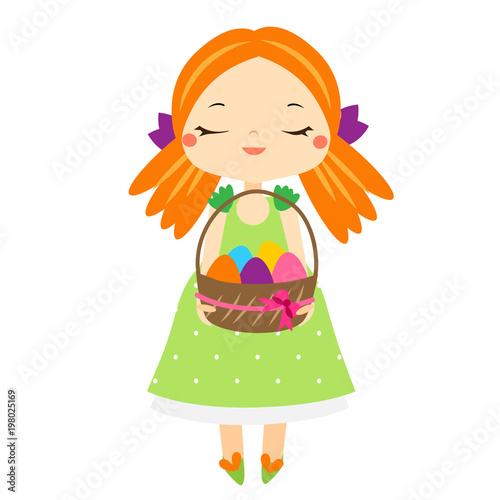 Easter kid. Cartoon Girl holding Easter eggs busket