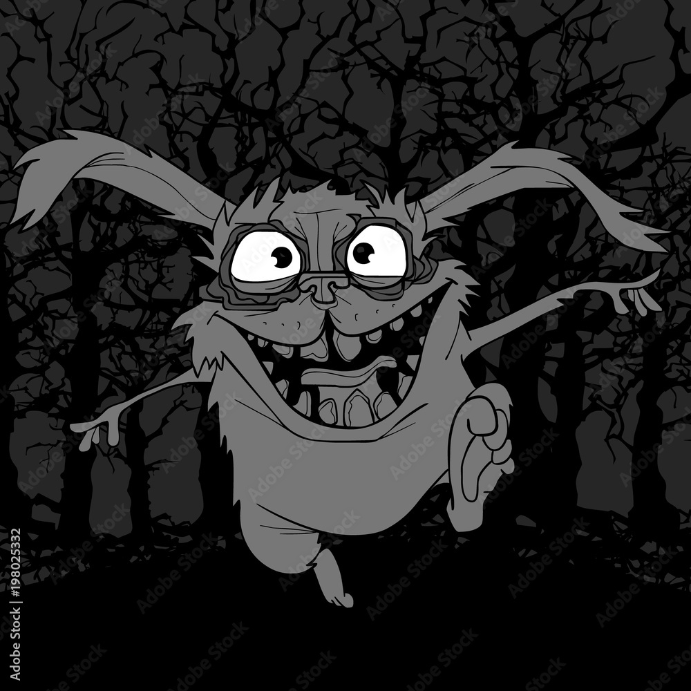 cartoon scary rabbit in horror jumping in the dark forest Stock Vector ...