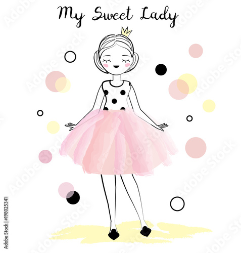 Cute princess. Fashion Girl in queen crown and pink skirt in hand drawn ink style. Design for greeting cards, textile prints