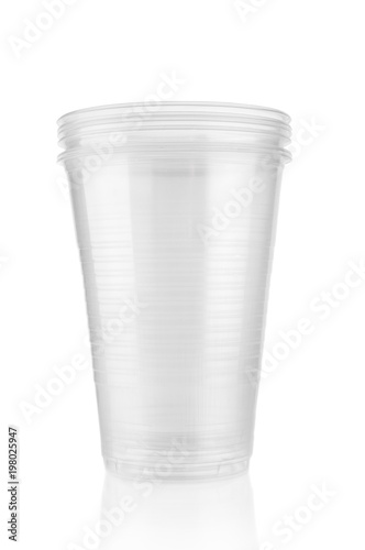 Plastic cups close up isolated on white background