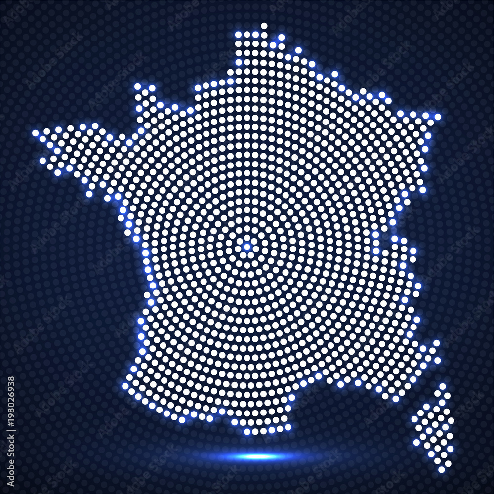 Abstract France map of glowing radial dots, halftone concept. Vector