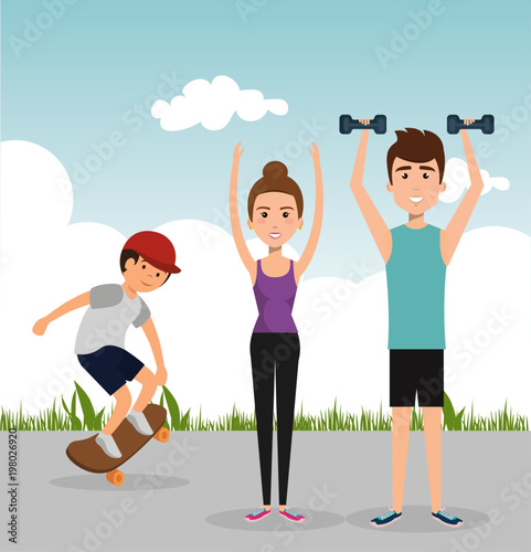 athletic people practicing exercise characters vector illustration design