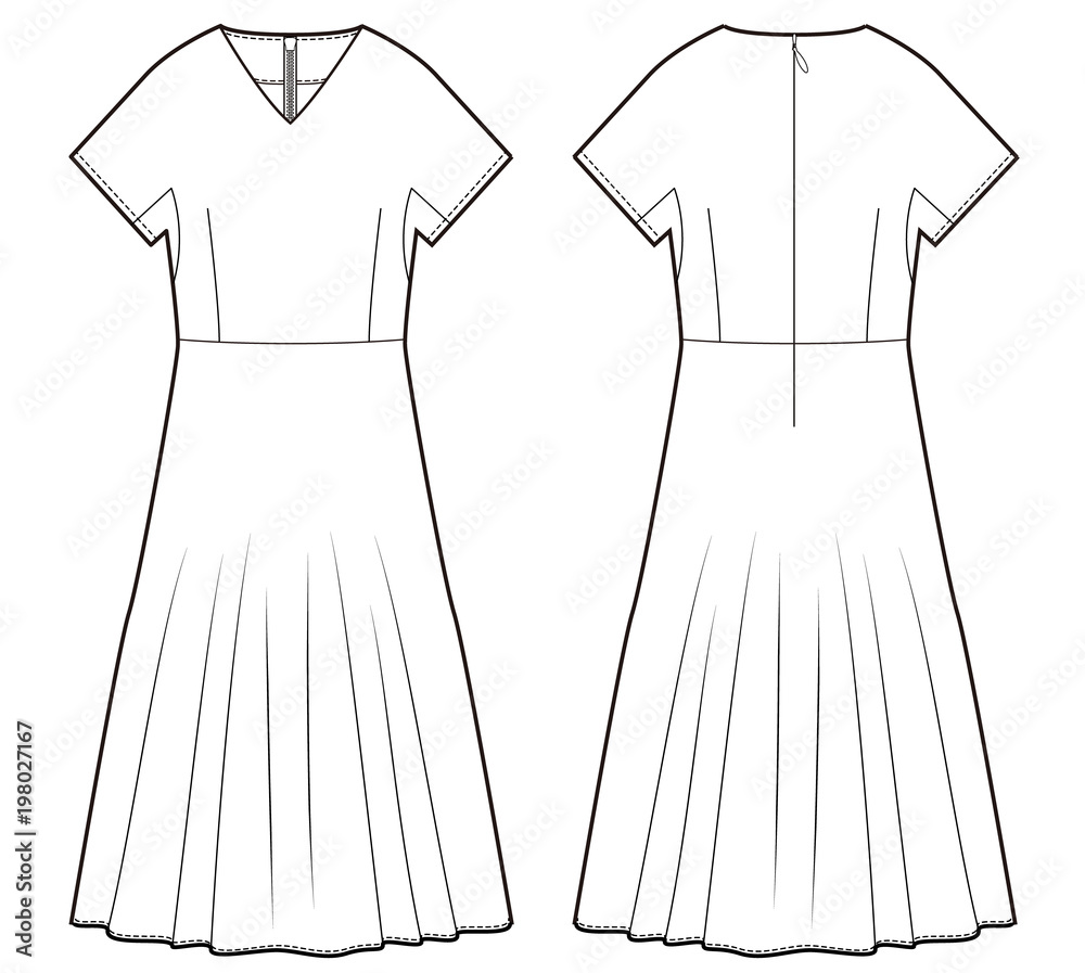 Dress Onepiece fashion flat technical drawing template Stock Vector | Adobe Stock