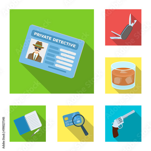 Detective and Attributes flat icons in set collection for design.Detective Agency vector symbol stock web illustration.