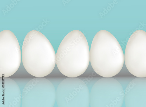 A five white chicken eggs on blue color background with reflaction. Natural ecological protein product. Healthy food. Dietary meal. Easter symbol. Realistic 3d Vector illustration
