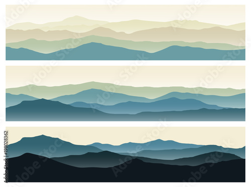 Set of mountains seamless backgrounds. Green nature landscapes in the summer evening. Vector horizontal banners. © tanyadzu