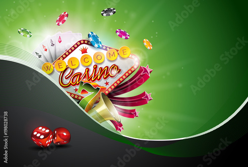 Casino Illustration with poker cards and playing chips on green background. Vector gambling design for invitation or promo banner with dice.
