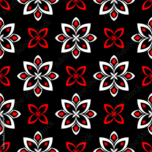 Black red and white flower elements. Seamless background