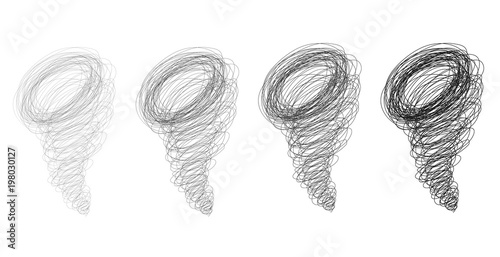 Set of vector hand-drawn doodle scribbled hurricane symbols of different line intensity. Sketch black outline thick and thin line cyclone tornado sign for educational, business, weather infographic