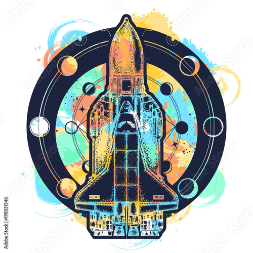 Space shuttle taking off on mission t-shirt design. Space shuttle tattoo art. Symbol of space research, the flight to new galaxies
