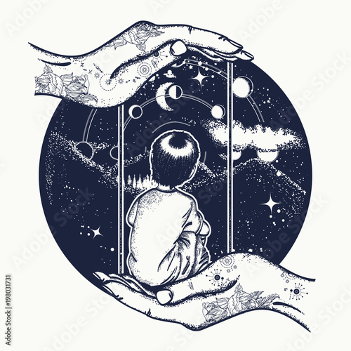 Boy on a swing in mountains, dreamer tattoo art. Lunar phases and Universe. Dreaming genius t-shirt design. Boy looks at stars. Symbol of poetry, psychology, philosophy, astronomy, science