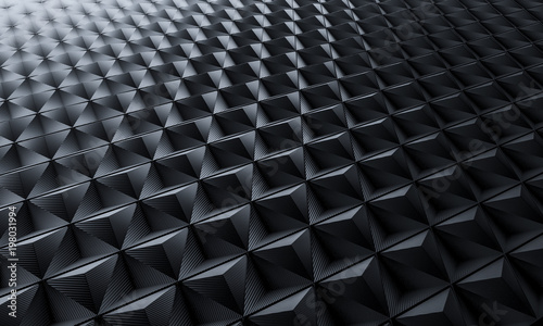 Obraz 3D wielokątnego tła geometrycznego z trójkątnymi kształtami z włókna węglowego. nikogo w pobliżu, ciemne odcienie.