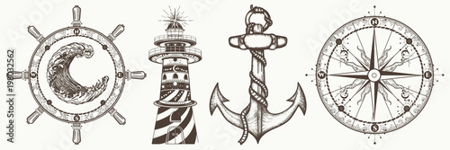 Sea collection vintage elements vector. Symbols of adventure voyage, tourism, outdoor. Hand drawn retro set. Anchor, steering wheel, compass, lighthouse, wave