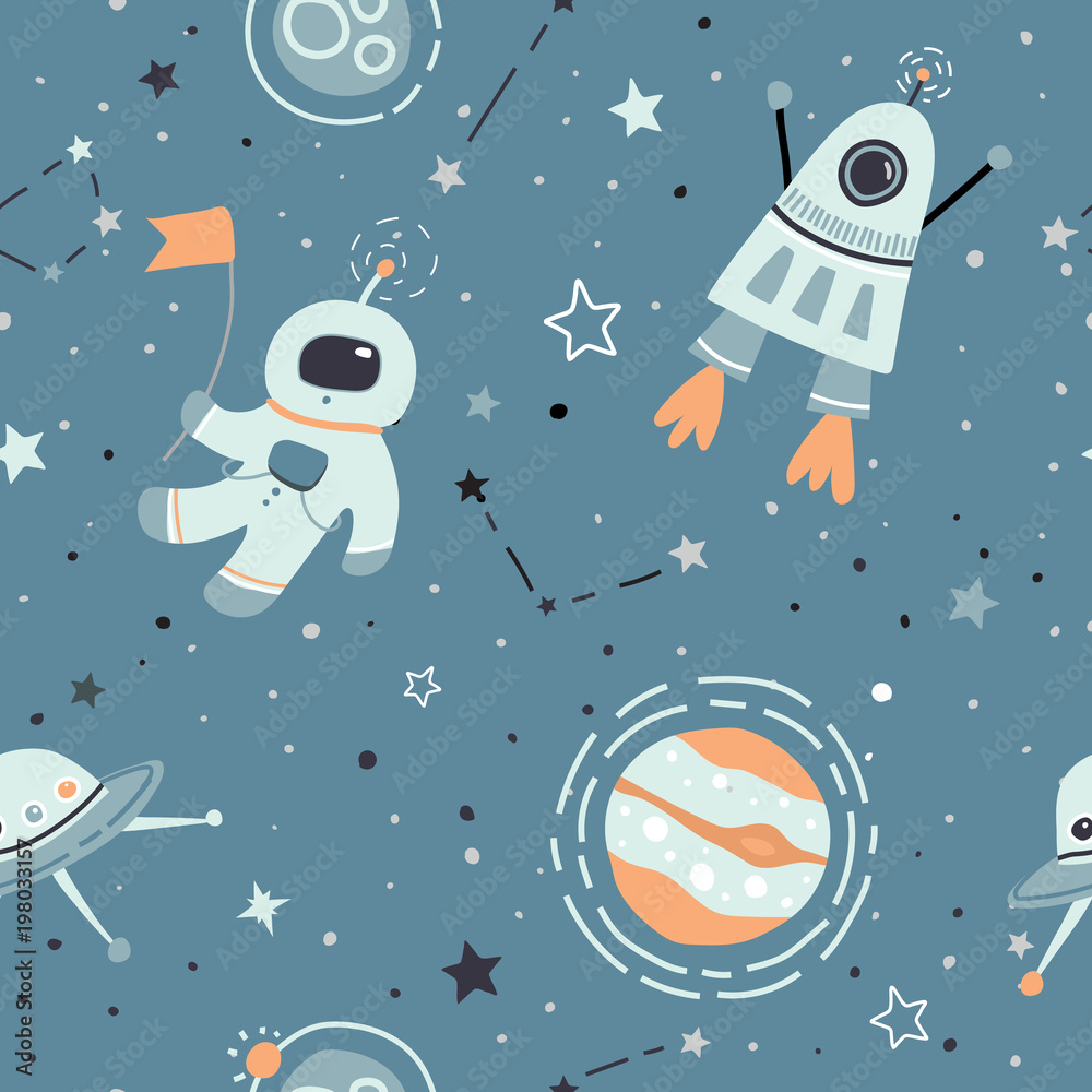 Fototapeta premium Seamless childish pattern with hand drawn space elements space, satellite, planet, rocket, stars, space probe, constellations, meteorite, astronaut. Trendy kids green, grey vector background.