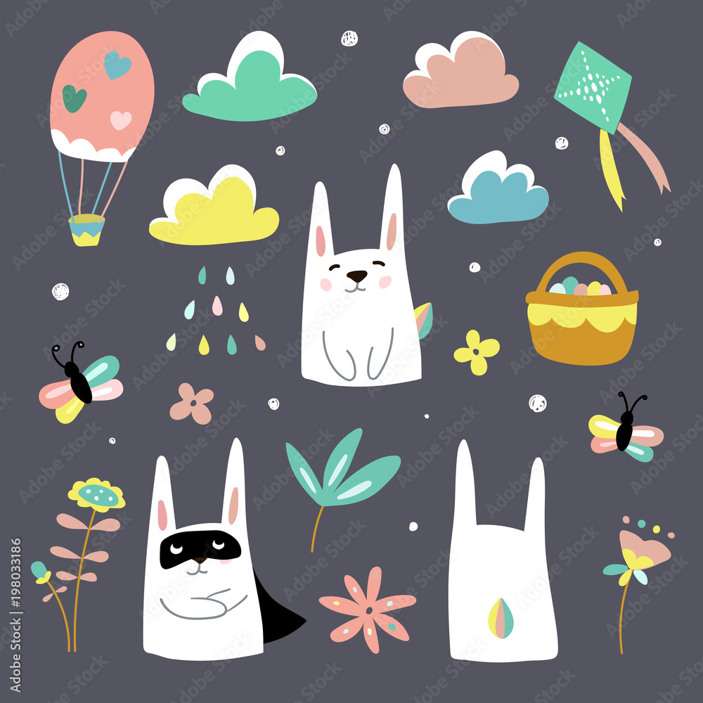 Cute rabbits with spring seasonal flowers, clouds, butterflies, basket with easter eggs, balloon, super hero rabbit, raindrops, green kite, decorative childish elements for design. Flat vector design 