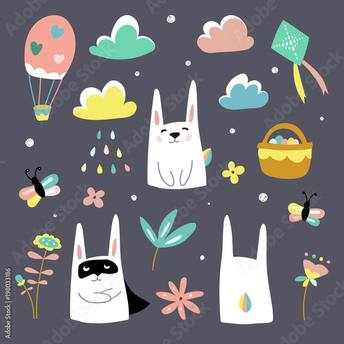 Cute rabbits with spring seasonal flowers, clouds, butterflies, basket with easter eggs, balloon, super hero rabbit, raindrops, green kite, decorative childish elements for design. Flat vector design  © cheremuha
