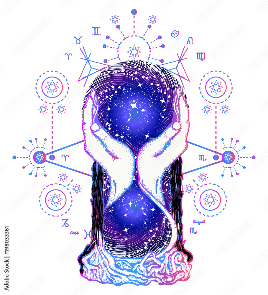 Hourglass color astrological symbols tattoo art and t-shirt design. Magic  space hourglasses tattoo, concept of time. Symbol astrology, infinity,  eternity, life and death, mystical signs Stock Vector | Adobe Stock