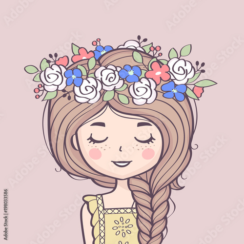 Cute girl in flower wreath. Beautiful girl with braid and flowers. Vector illustration. 