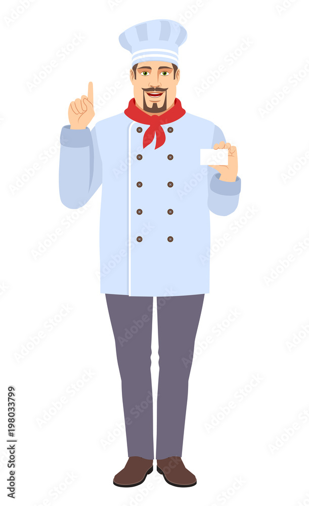 Chef pointing up and showing the business card Chef pointing up and showing the business card