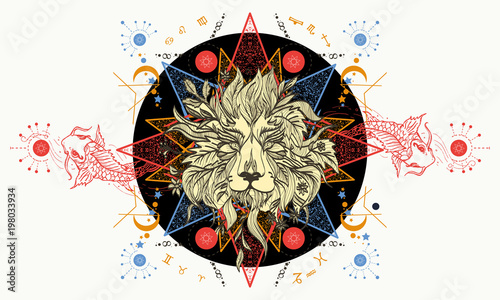 Lion and carps tattoo art, mystical geometric alchemy symbol. Alchemy, religion, spirituality, occultism, tattoo lion art. Concept of magic, science, astrology. Mystic Lion sketch tattoo