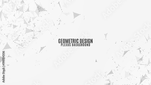 Plexus background of flying geometric particles on a white background. Dark connected triangular figures and atoms. Scientific background for your design. Vector illustration