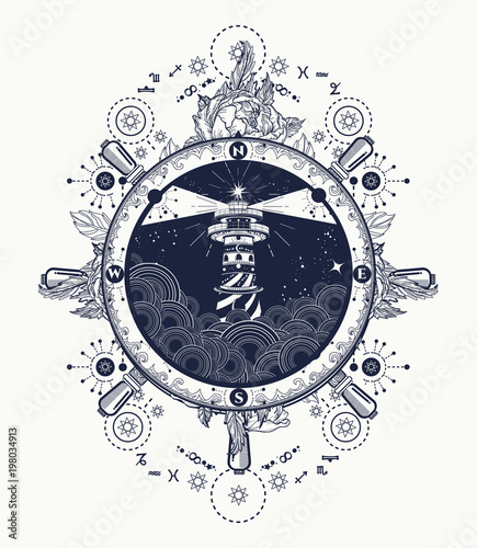 Lighthouse on cliff in stormy weather tattoo, Lighthouse, rose compass, flowers and steering wheel t-shirt design. Symbol of meditation, hiking, adventures graphic style