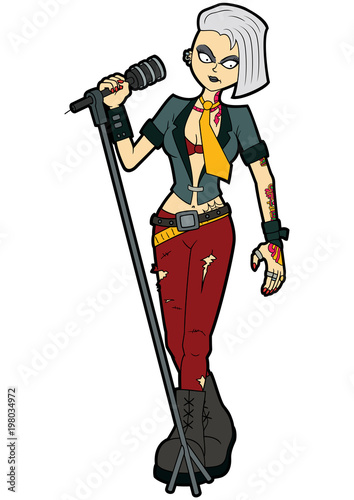 Goth woman vocalist with a microphone stand/ Illustration music band cartoon character in goth subculture outfit 