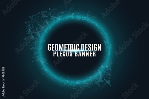 Geometric glowing banner of flying geometric particles on a black background. United triangular figures and atoms. Scientific background for your design. Vector illustration